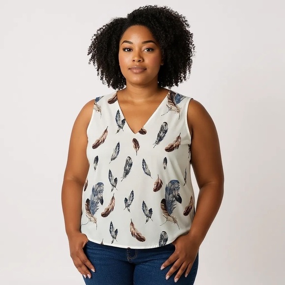 Emery Rose Tops - EMORY ROSE 1XL Ivory Brown Blue Feather Feathers Print Blouse